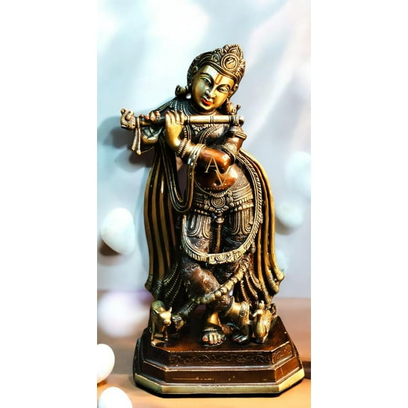 16 inches Brass Lord Krishna Statue, Handmade Krishna Idol, Housewarming Gifts, Gopala, Standing Krishna Statue with flute, God of Love..