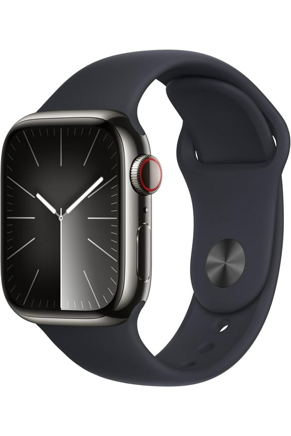 Restored Apple, Series 9, Smart Watches, GPS + Cellular, Retina display (Up to 3000 nits), Double tap gesture, Graphite Stainless Steel Case, Midnight Sport Band/45mm, M/L, 1, 1