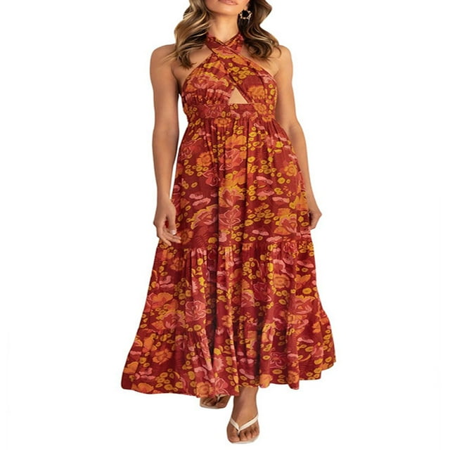 Femmes Été Crossover Licol Cou Sans Manches Plaid Coupé Dos Flowy une Ligne Maxi Robe Rose XL