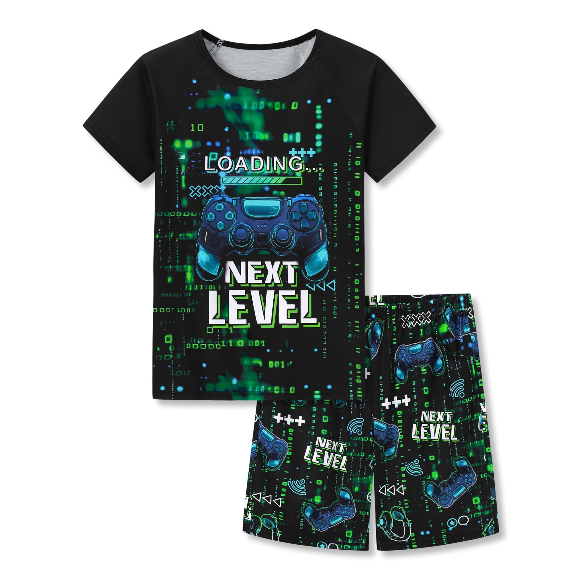 Beezizac Boys Pajamas Set Game Controller Print Short Sleeves 2-Piece PJs Black & Green Sleepwear for Kids Size 6
