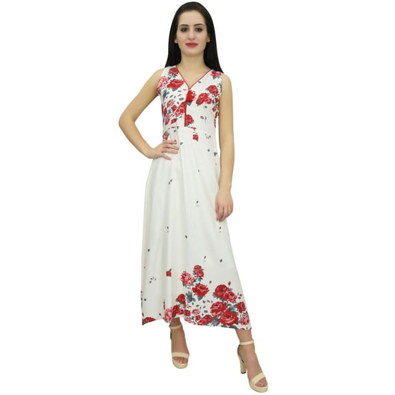 Bimba Women's White Maxi Dress Floral Print Sleeveless V-Neck Holiday Dress-14
