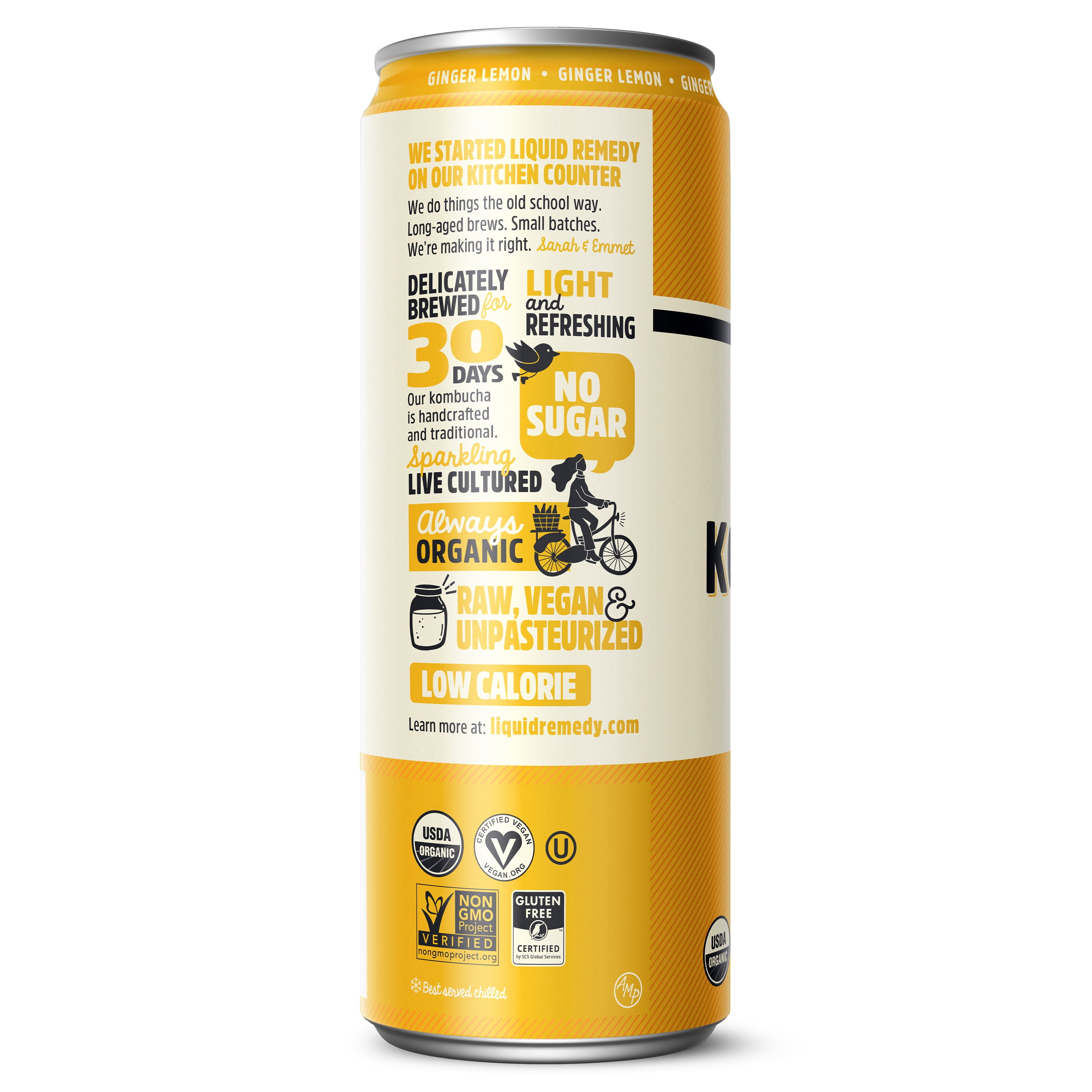 Liquid Remedy Kombucha Ginger Lemon Low Calorie Sugar Free, 12 Pk, 12 oz Cans