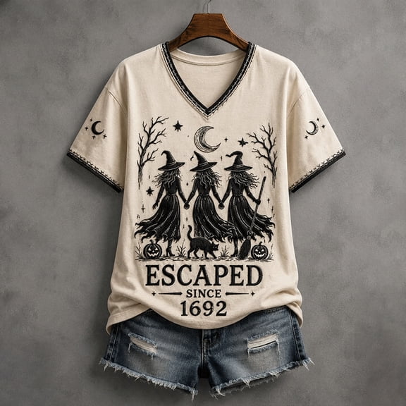 Stralyhd Spellbook Women's Tops Witch Hat Shirt Sassy Witch Tee Autumn Leaves V Neck Pullover Shirts 3XL