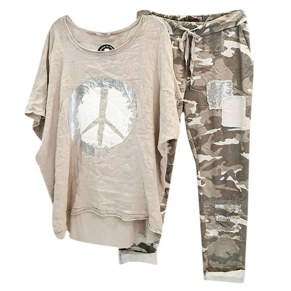 Baqcunre Women's Spring Summer Small Fragrance Fashion Top and Trousers Two-Piece Suit,Color Beige,Size 3XL-5XL