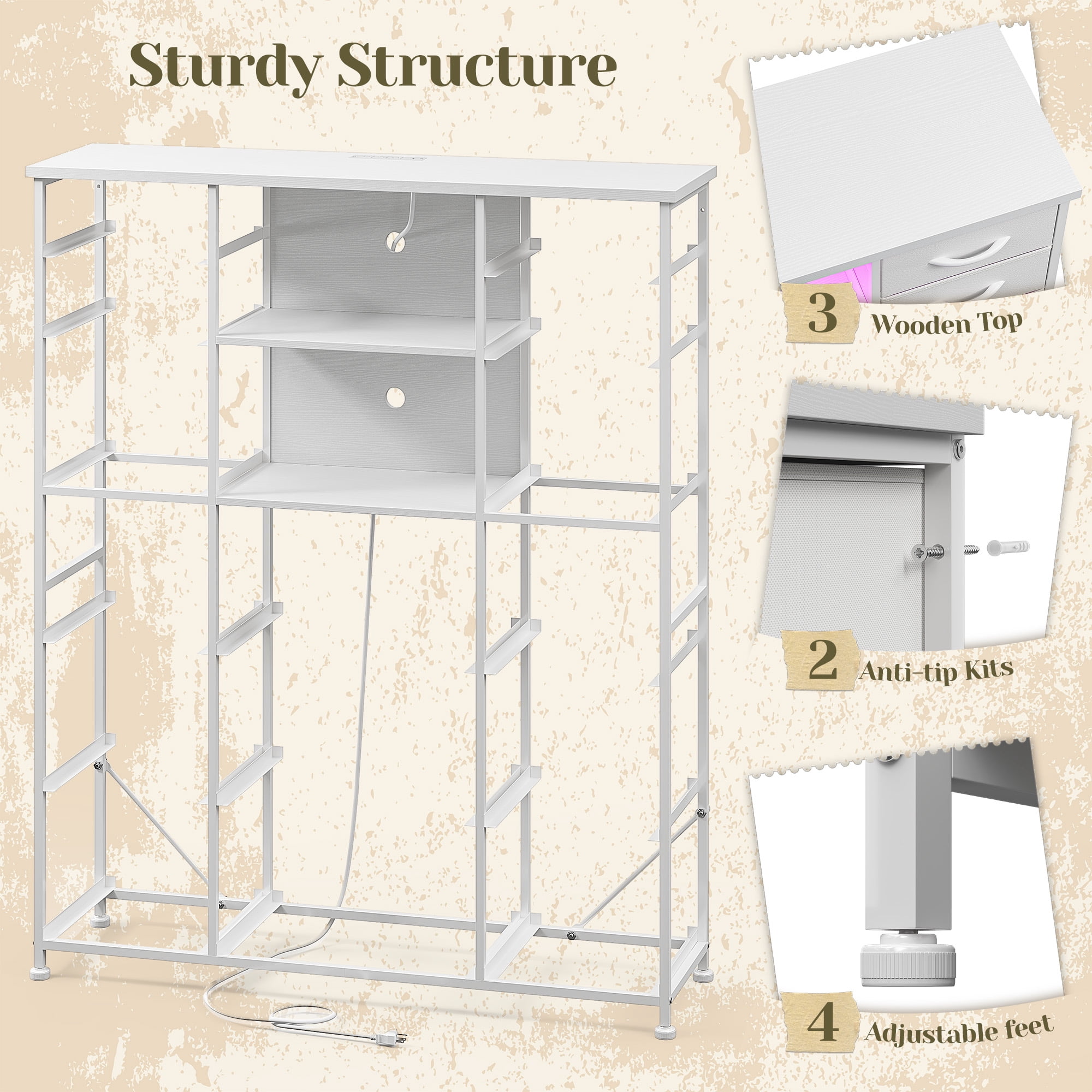 Romorgniz 51" H Dresser with 15 Fabric Drawers Tall Dresser for Bedroom with Charging Station & LED Lights, White