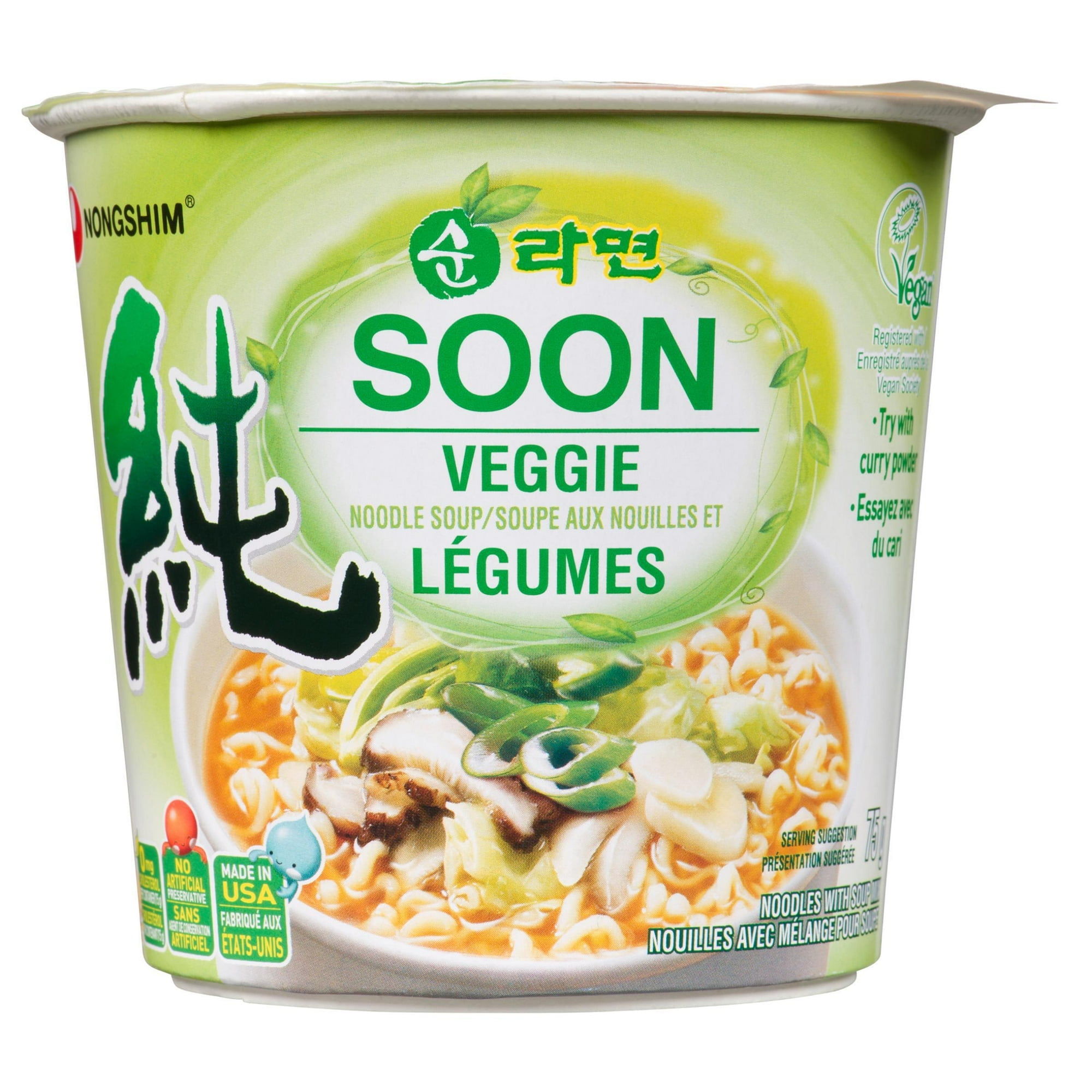Soupe de nouilles végétalienne Soon en tasse de Nongshim 75g, Végétalienne, Micro-ondable