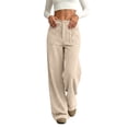 thumbnail image 4 of Corduroy Pants Womens Low Rise Wide Leg Cargo Pants Casual Baggy Lounge Pant Office Business Work Pant with Pockets Beige M, 4 of 7
