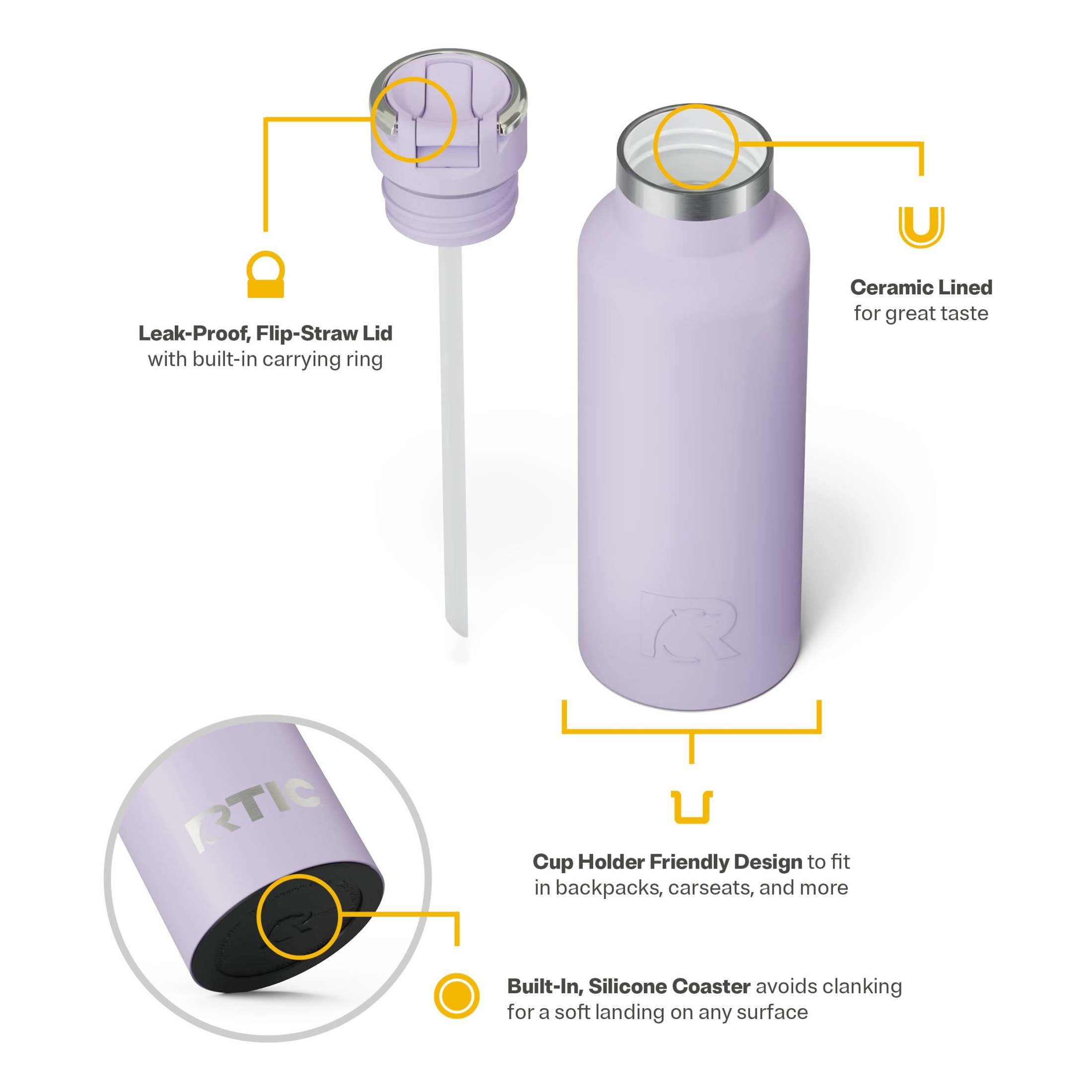 RTIC 16 oz Ceramic Lined Insulated Journey Water Bottle, Leak-Proof Lid, Dusty Lilac