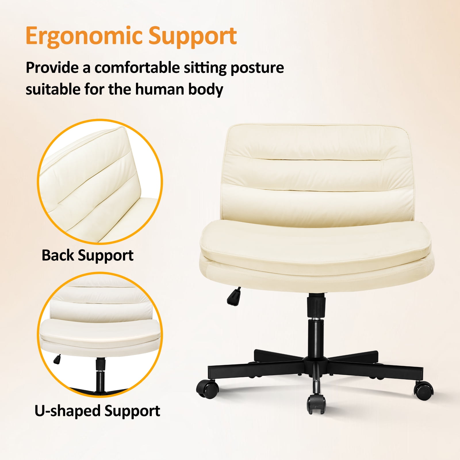 CloudRest Pro Armless Office Desk Chair, Criss Cross Swivel Chair with Wheels, Wide Seat Adult Vanity Chair for Home Office , Beige