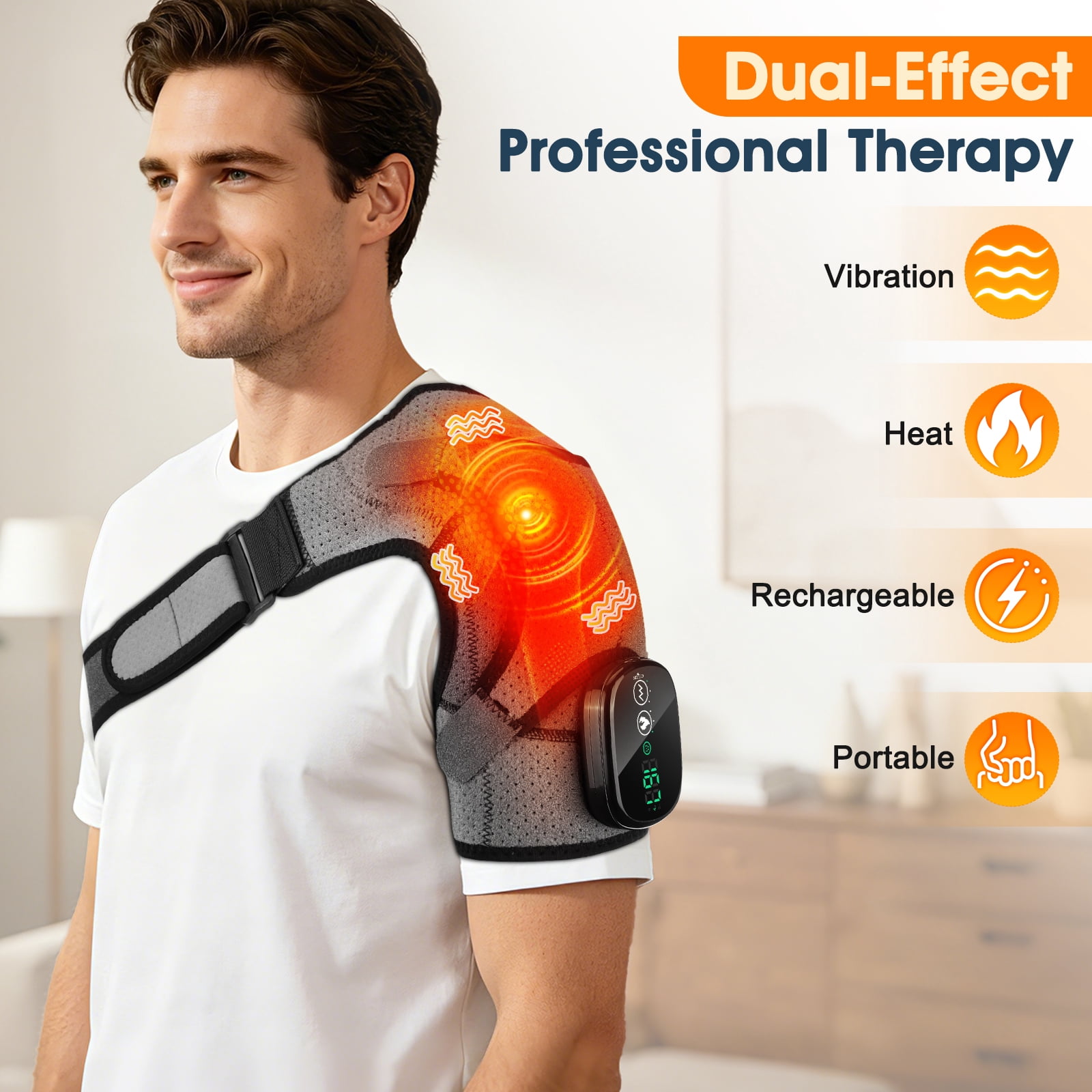 Heated Shoulder Brace Wrap, Electric Shoulder Heating Pad with Massage, Cordless Heated Shoulder Massager with 3 Heat & Vibration for Men Women,Gray