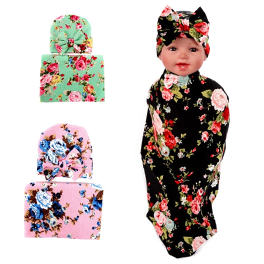 Baby Girl Floral Receive Blankets Headband Set Newborn Swaddle