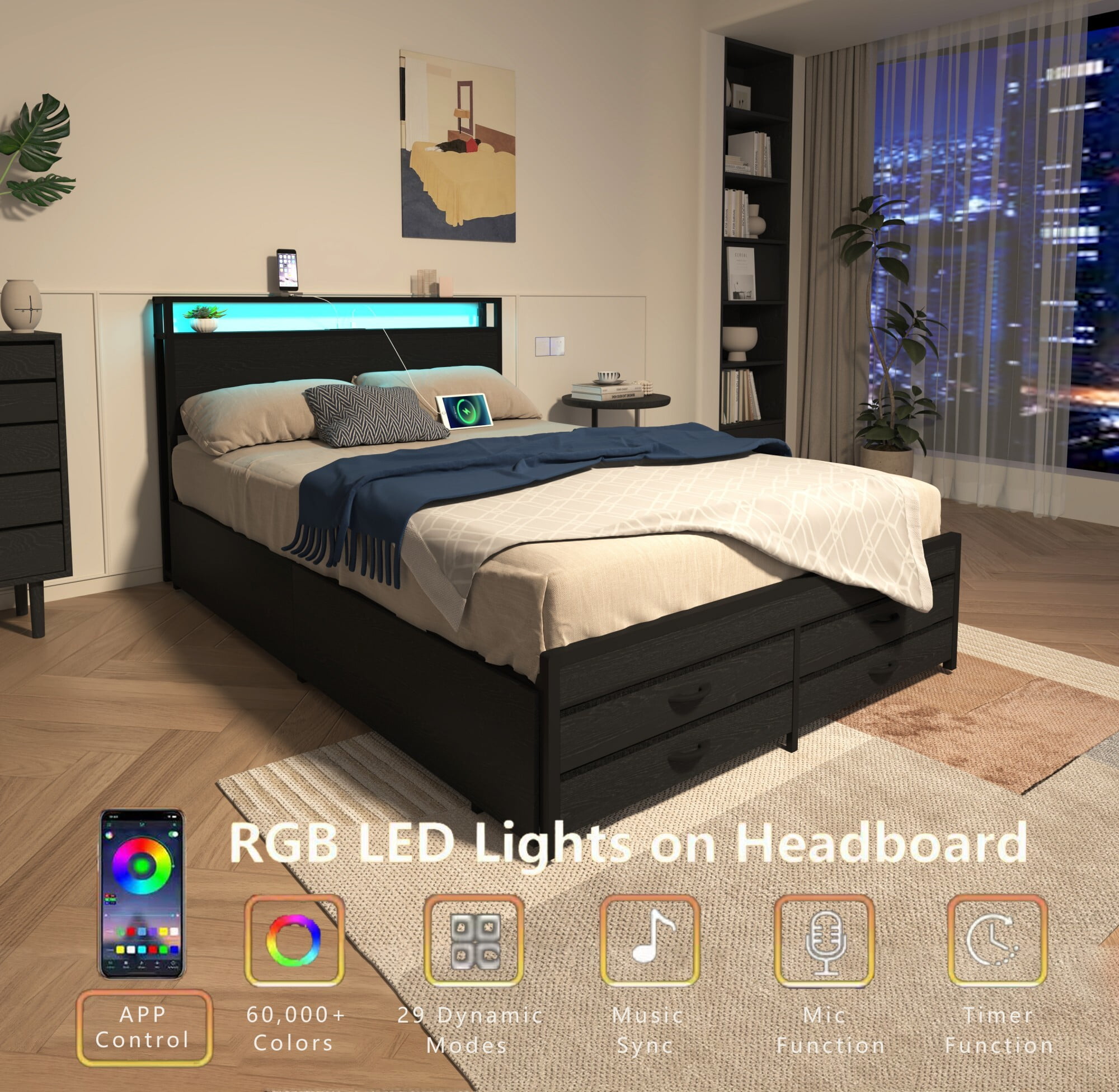 AENKYO Full Size Bed Frame with 8 Storage Drawers, Headboard with Charging Station and LED Lights, Black
