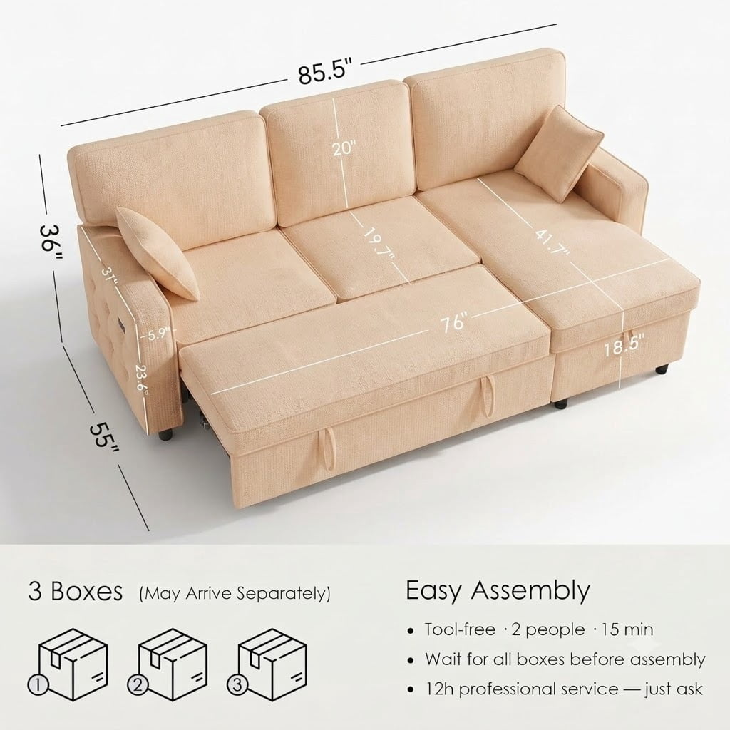 avobird 85.5'' Pull Out Sofa Bed, L Shaped Sleeper Sofa with Flip-Down Center Console & Charging Ports, Chenille Convertible Sofa for Apartment/Living Room, White