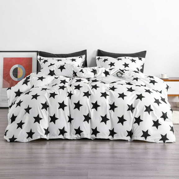 Ntbay 3-Pieces Microfiber Ultra Soft Star Print Duvet Cover Set with Zipper Closure and Corner Ties, Black and White, Queen