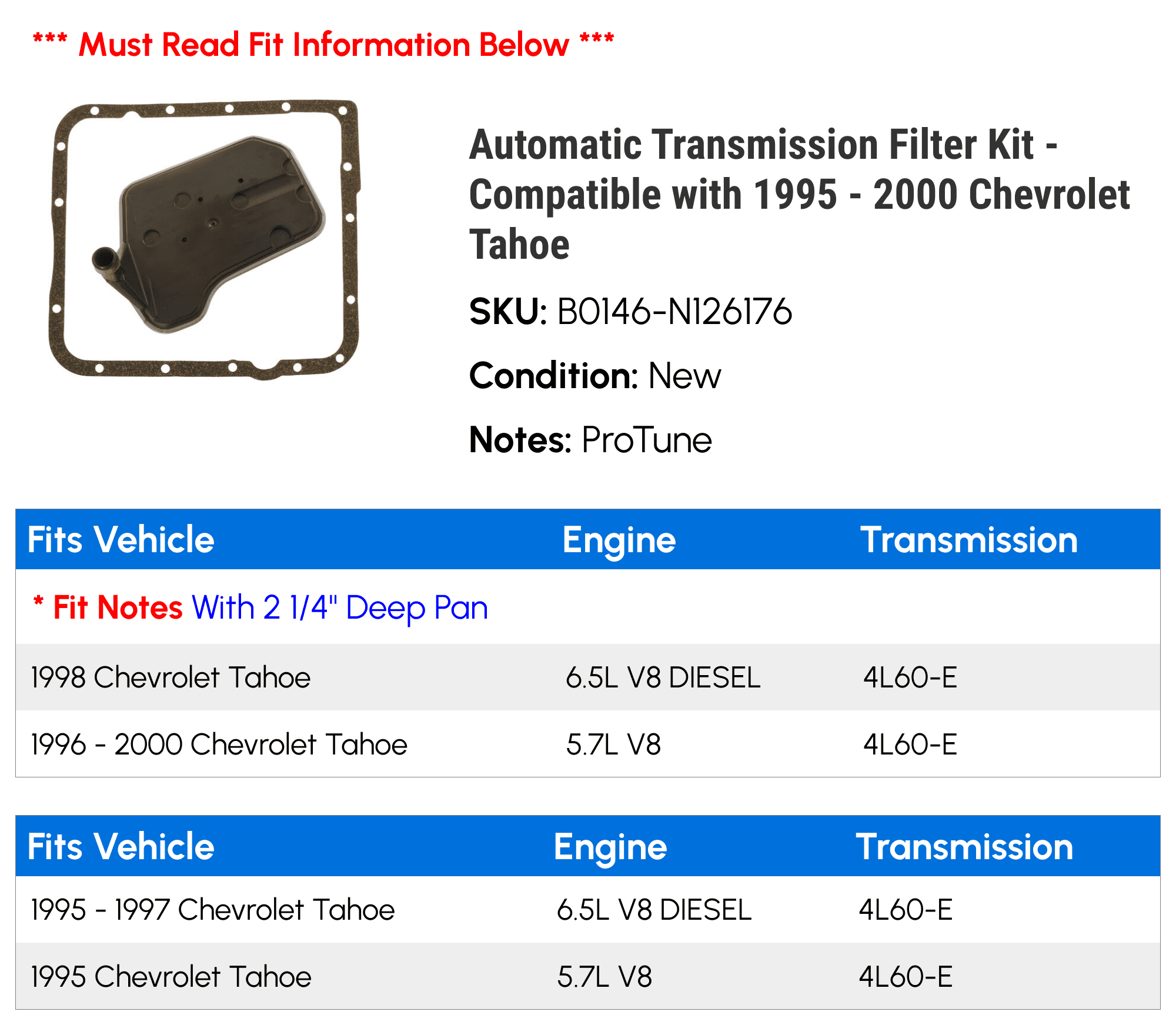 Automatic Transmission Filter Kit - Compatible with 1995 - 2000 Chevy Tahoe 1996 1997 1998 1999
