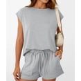 thumbnail image 5 of Womens Crew Neck Two Piece Short Sets Cap Sleeve Drawstring Summer Sweatsuit with Pocket Light Gray M, 5 of 9