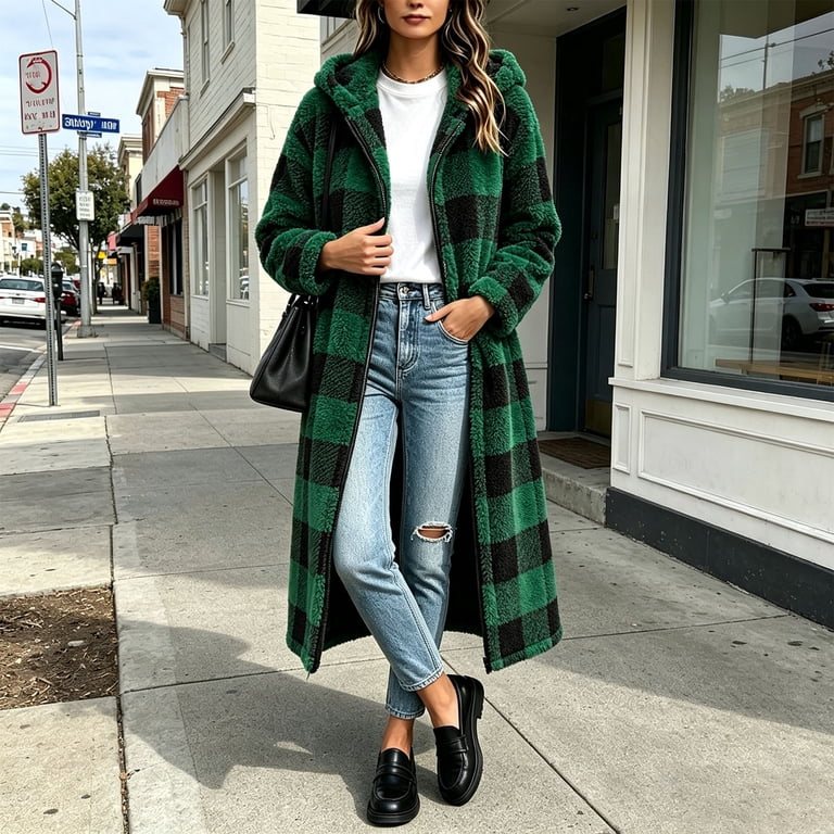 Yeaiivve Plaid Fleece Jacket Women Zip Up Long Hooded Sherpa Coat Furry ...