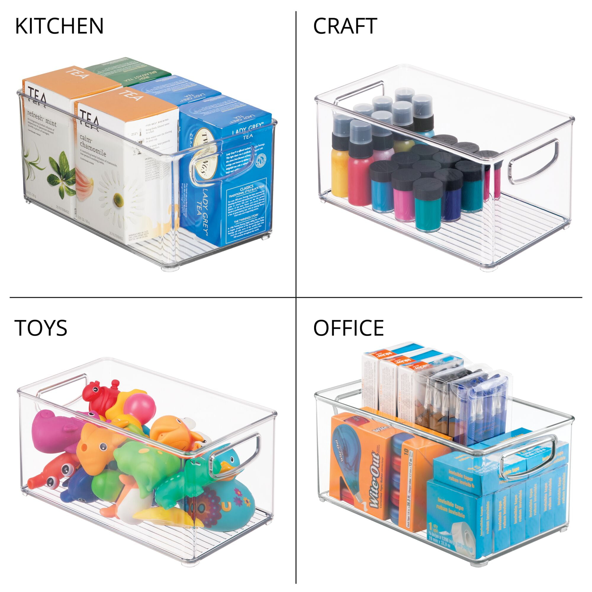 mDesign Plastic Kitchen Storage Bin, Rolling Wheels/Handles, 4 Pack,  Clear/Gray