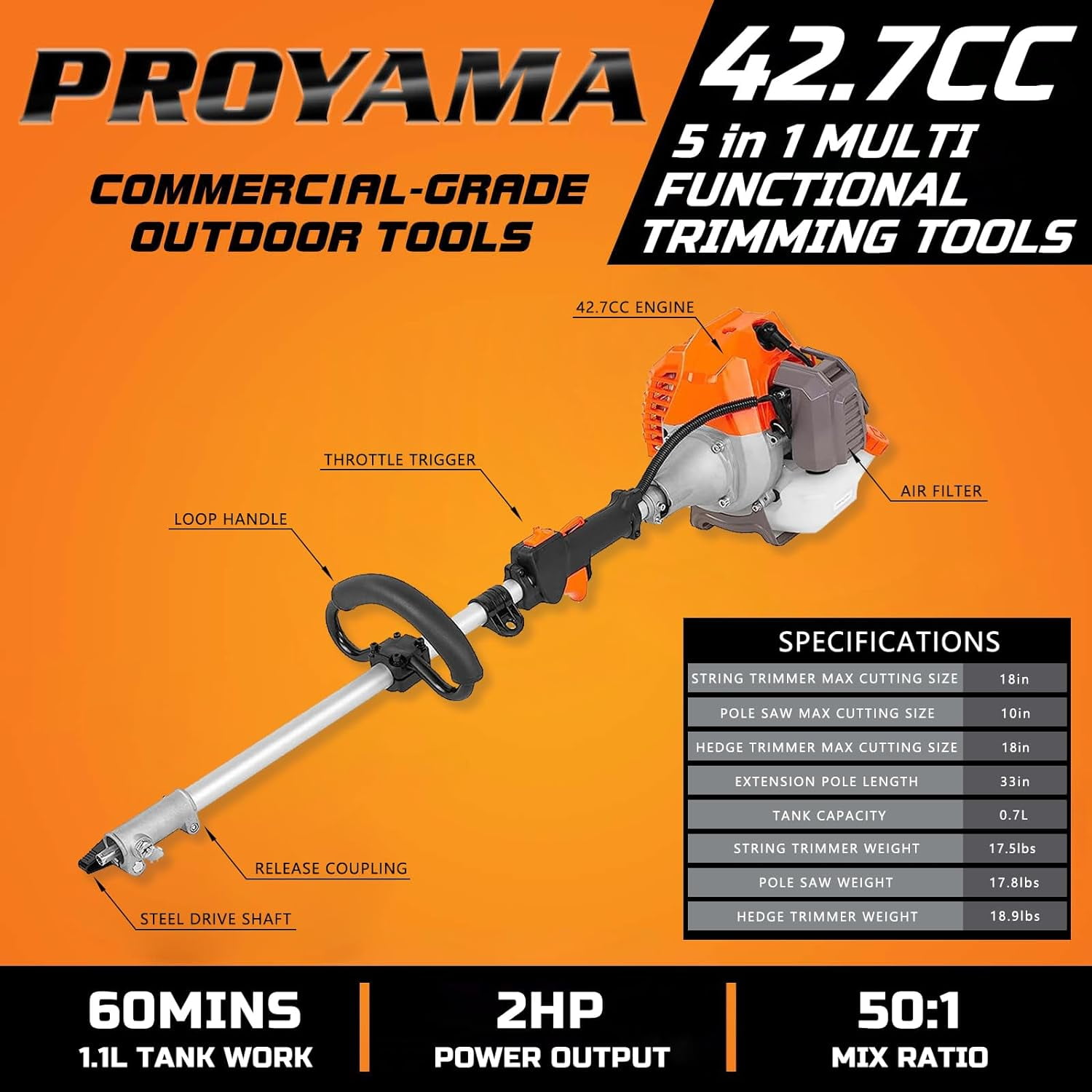 PROYAMA 42.7cc 5 in 1 Gas Brush Cutter, Multi-functional Gas Hedge Trimmer, Weed Eater, Brush Cutter, String Trimmer, Pole Saw with Extension Pole