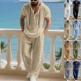 thumbnail image 4 of Gamivast Men's 2 Piece Linen Look Set Hooded Short Sleeve Henley Shirt and Loose Pants Breathable Beach Outfit for Summer Vacation Yoga Casual Daily Wear, 4 of 7