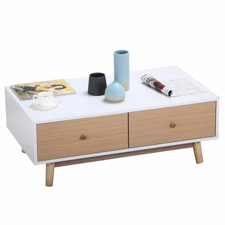Yaheetech Modern 2 White Drawers Coffee Table Solid Wood ...