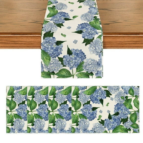 Hydrangea Sunflower Table Runner and Placemats, Seasonal Spring Summer Green Plants Holiday Kitchen Dining Table Decoration for Home Party Decor