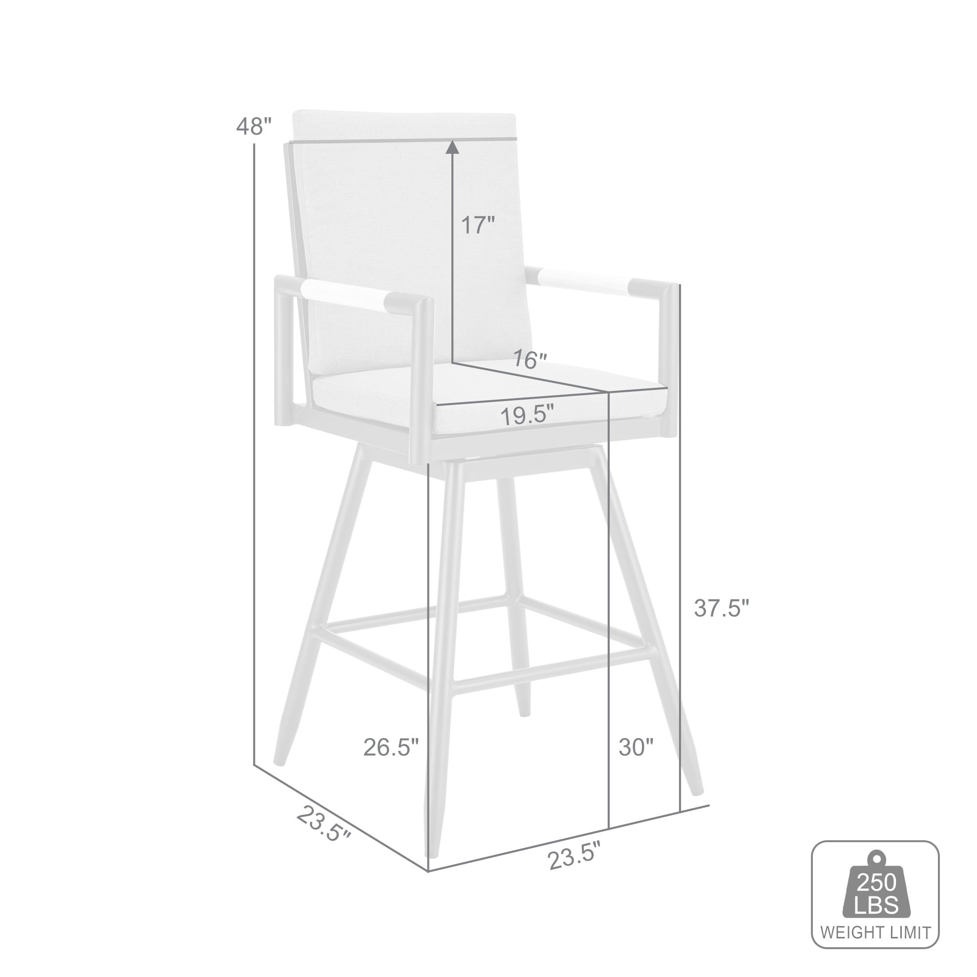 Crown Outdoor Patio Swivel Bar Stool in Black Aluminum with Wood Accent and Dark Gray Cushions - Set of 2