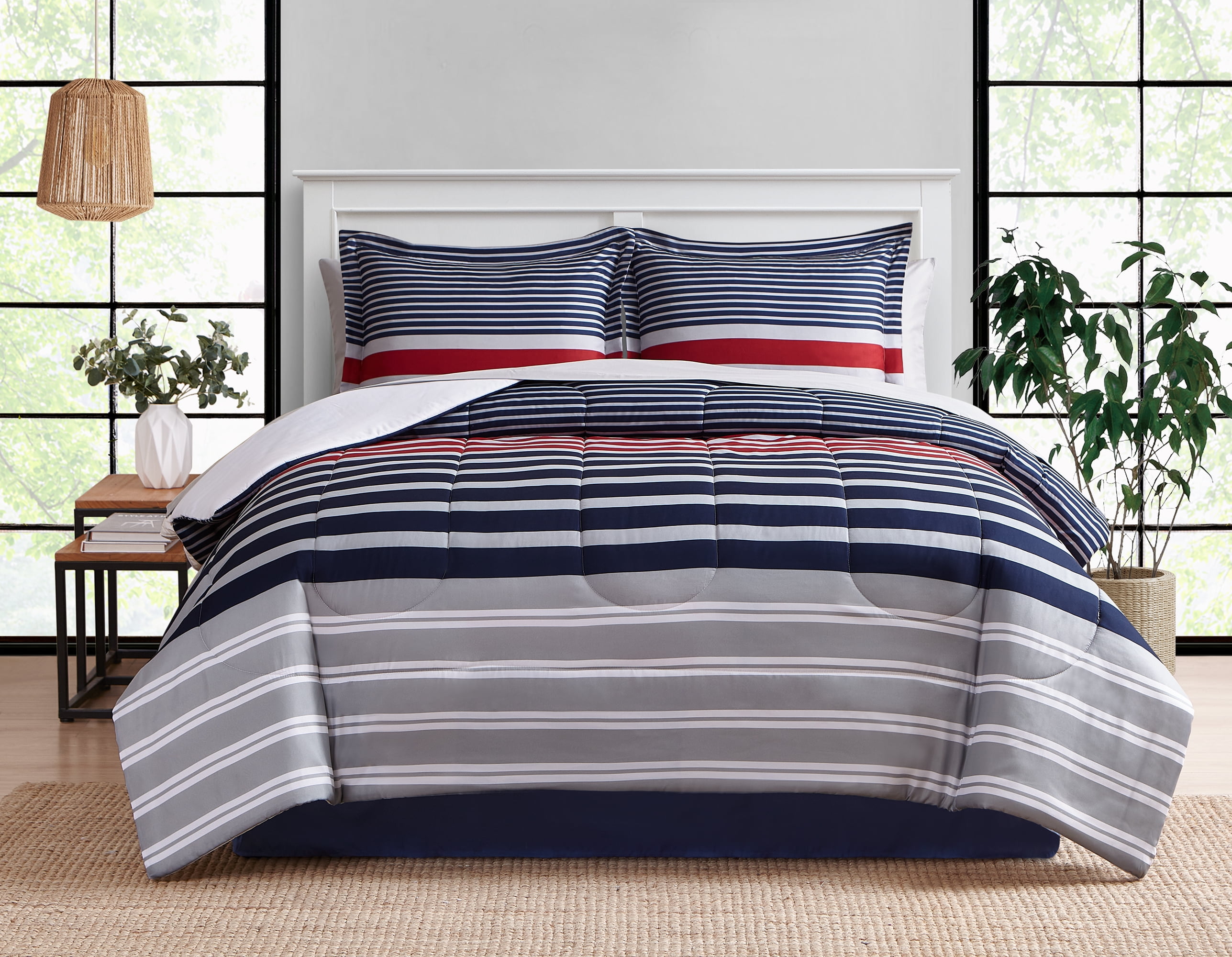 Queen King Bed Bag Navy Blue Red White Striped Block 10 pc Comforter Sheet Set 