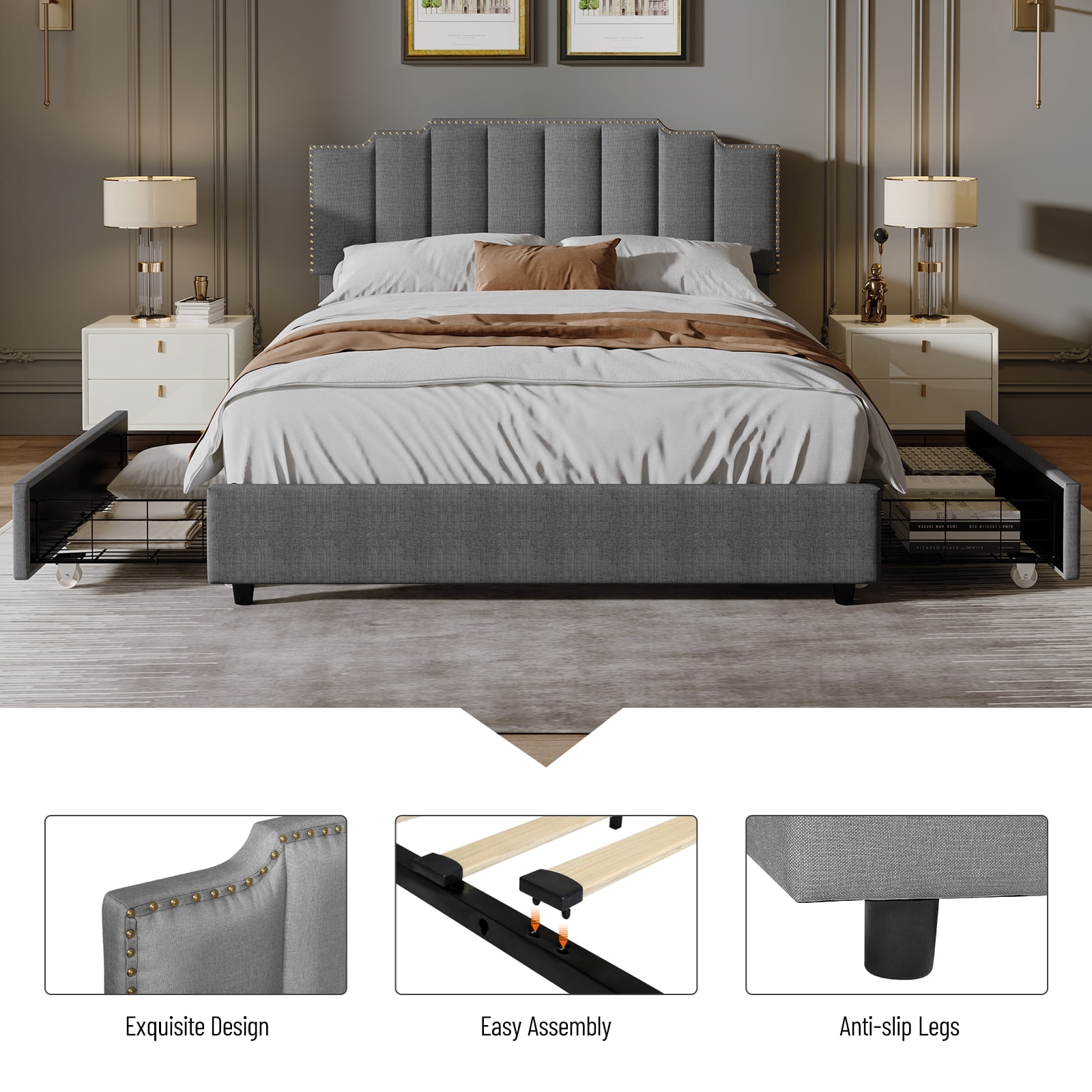 Euroco Upholstered Platform Bed with Soft Headboard, Queen Size, Gray