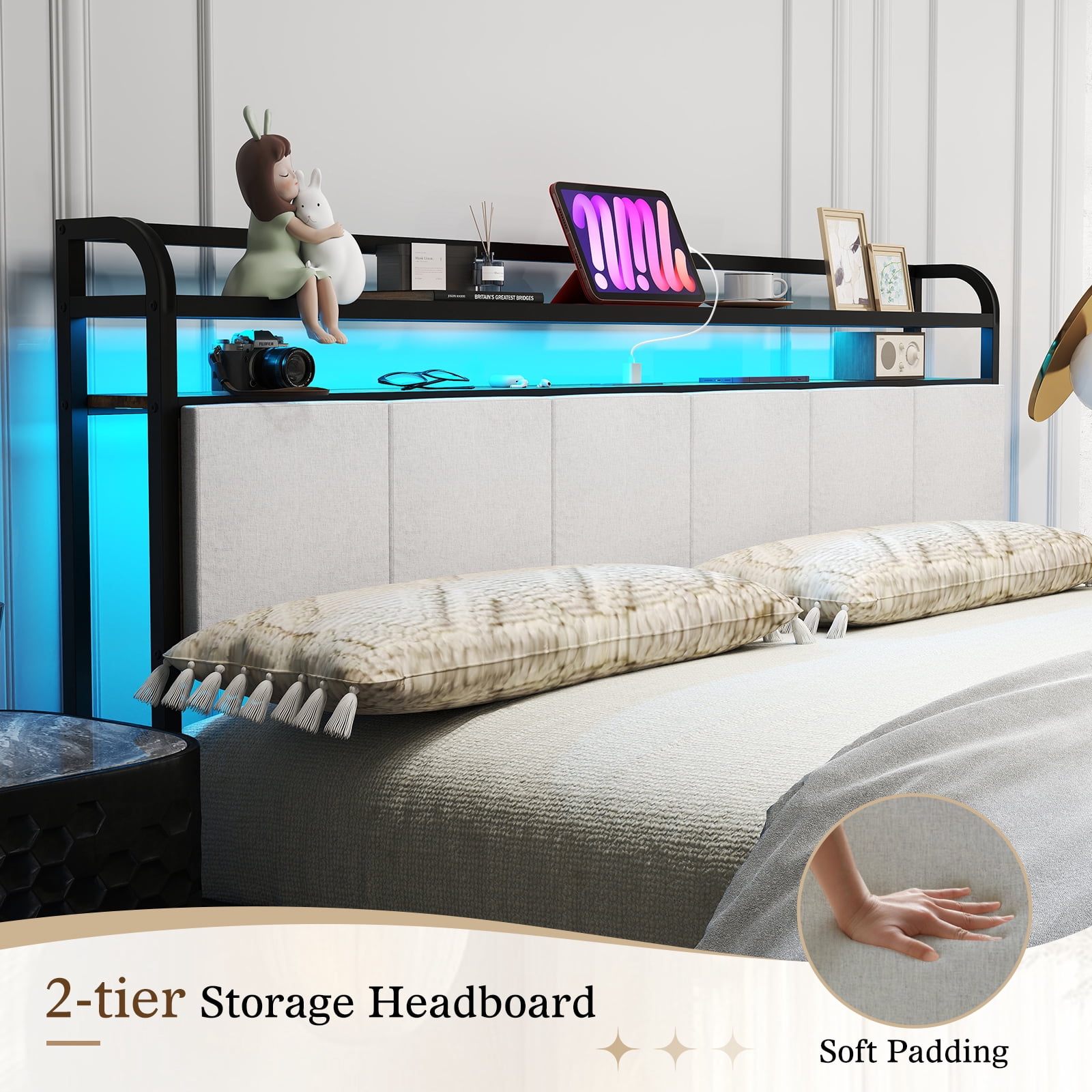 Topbuy King Size Bed Frame w/Charging Station Metal Platform Bed w/ Upholstered Headboard