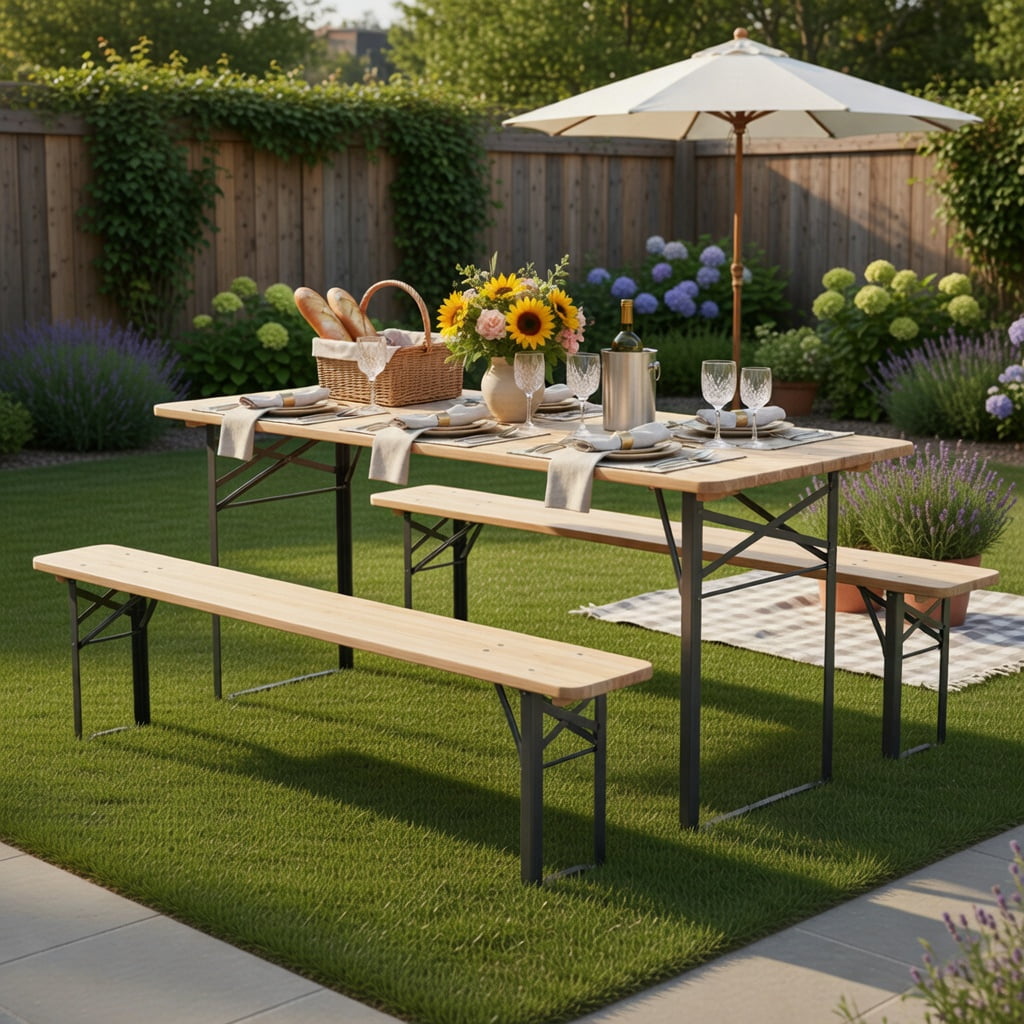 Hommoo 70 Inch Foldable 3-Piece Picnic Table Set with Benches for 6, Fir Wood & Metal Outdoor Patio Table, Black & Natural