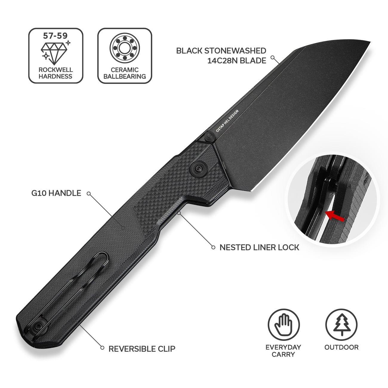 CIVIVI Knives Hid Liner Lock C23008-1 Black G10 & 14C28N Stainless Steel Pocket Knife