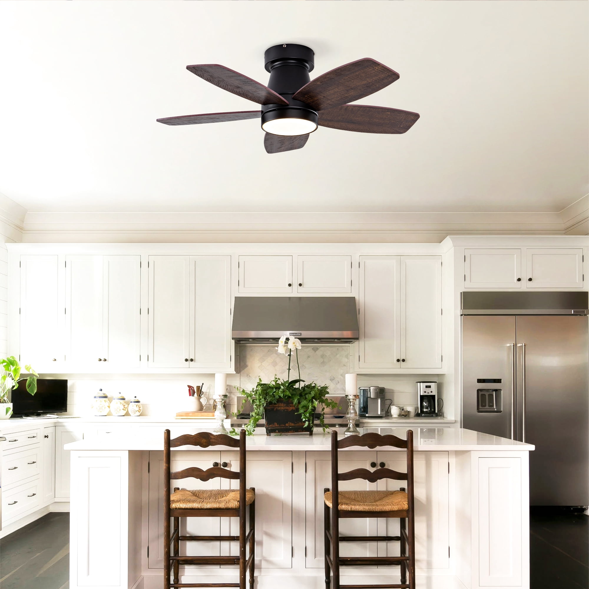 Ceiling Fan with Lights, 32 Inch Low Profile Flush Mount Reversible DC Motor Remote Fan for Bedroom Home, Black Dark Walnut