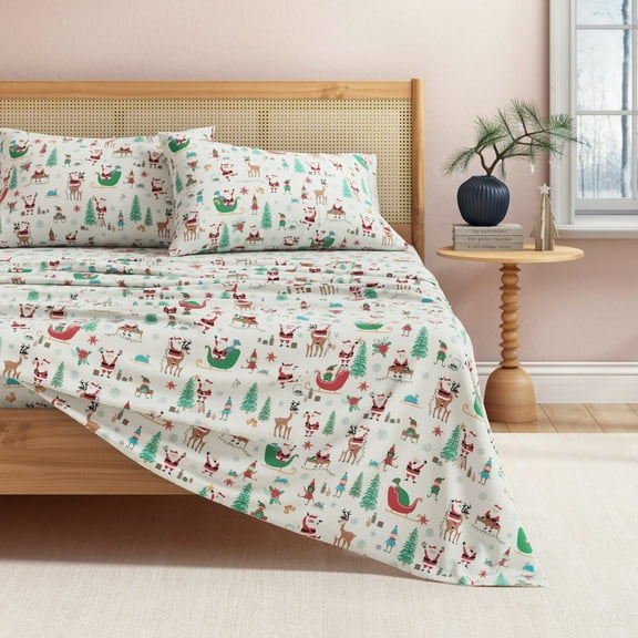 Great Bay Home Christmas Flannel Sheet Set - 100% Turkish Cotton - Double Brushed - King, Santa Joy