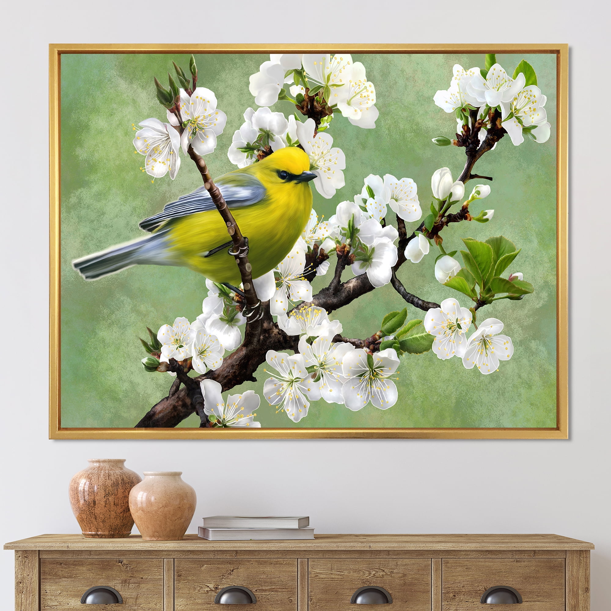Designart 'Bird Sitting On A Branch of Cherry' Traditional Framed Canvas Wall Art Print