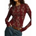 thumbnail image 2 of Women'S Floral Knitted Long Sleeve Crew Neck Going Out Slim Fit Tops Fall Outfits Trendy Clothes Wine Red M, 2 of 9