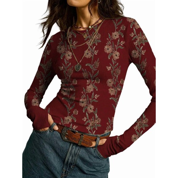Women'S Floral Knitted Long Sleeve Crew Neck Going Out Slim Fit Tops Fall Outfits Trendy Clothes Wine Red L