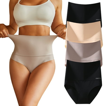 

Finetoo 4 Pack High Waisted Underwear for Women Tummy Control Panties High Rise Body Shaper Brief Nylon Seamless Bikini Panty for Ladies Size-Medium