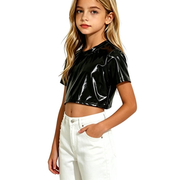 Nilvkv Girls Shirts,Shirts for Girls,Kids Short Sleeve Crew Neck Metallic Gold Print Crop Top Tee Black 14-15 Years