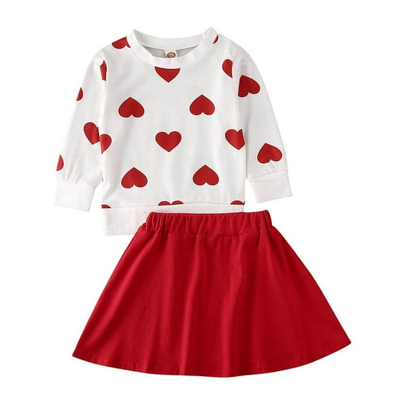 Kids Toddler Baby Girl Valentine's Day Outfits Long Sleeve Heart T-Shirt Top Red Skirt Spring Fall Clothes Set 1-6T