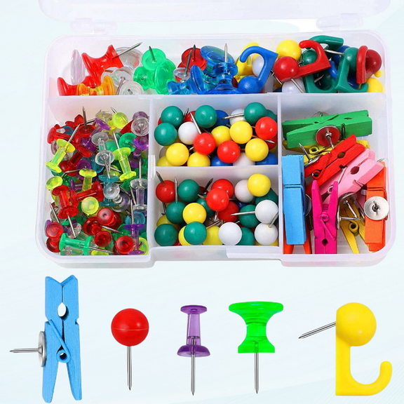 200 Pieces Push Pins Set, Thumb Tacks Multicolor Pushpin ClipsPush Pins for Cork Board, 5 Style for Bulletin Boards Wall Maps Pictures Office Home Supplies