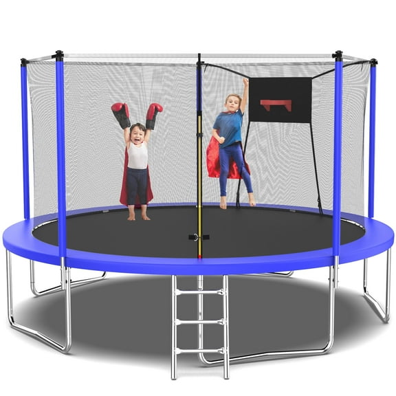 14FT Trampoline, 1320LBS Kids Trampoline with Basketball Hoop, Outdoor Adult Trampoline w/Enclosure Net & Heavy-duty Supports