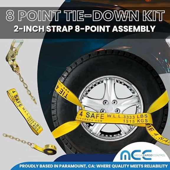 Mega Cargo Control 8 Point Roll Back Vehicle Tie Down Kit with Chain Extension - Yellow Towing Straps for car Hauler Tow Truck Flatbed