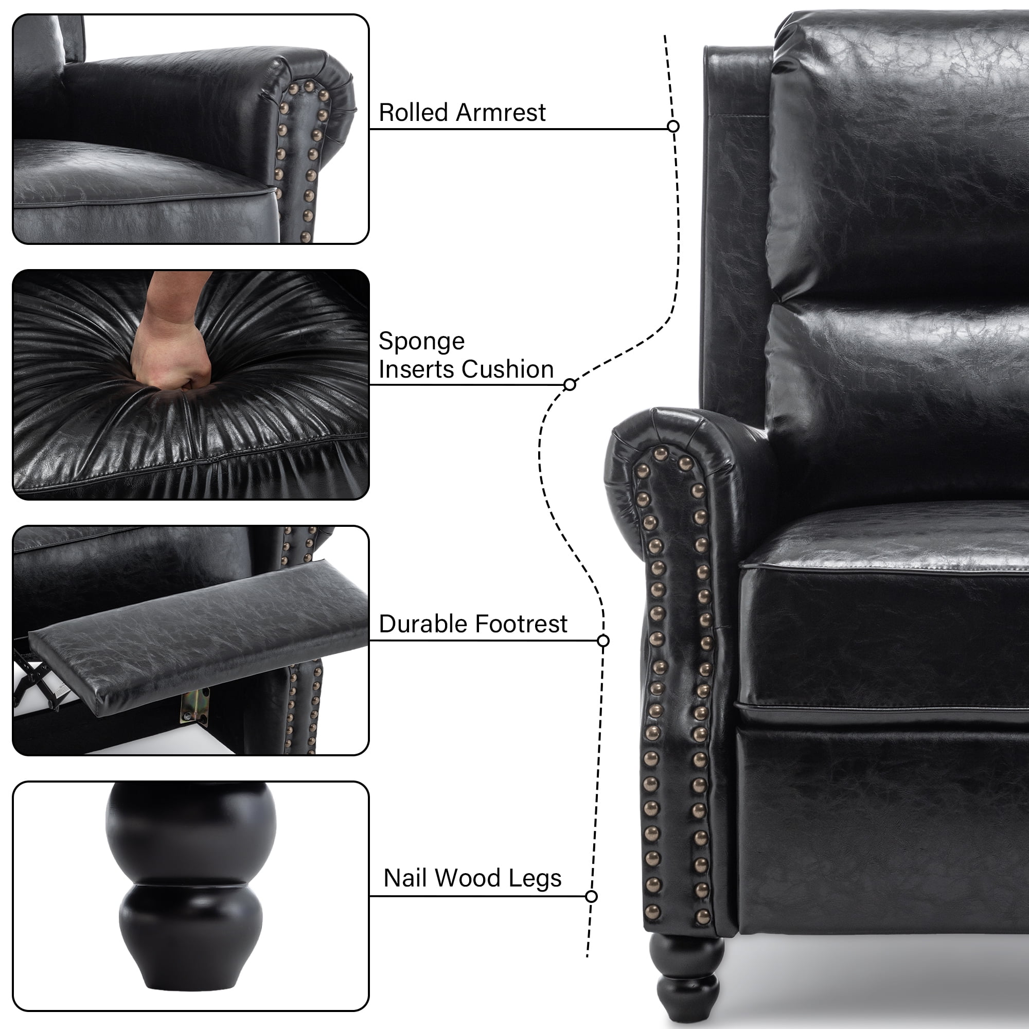 DREAMSIDEA Pushback Recliner Chair Faux Leather Wingback Chair Home Theater Single Sofa for Living Room, Black