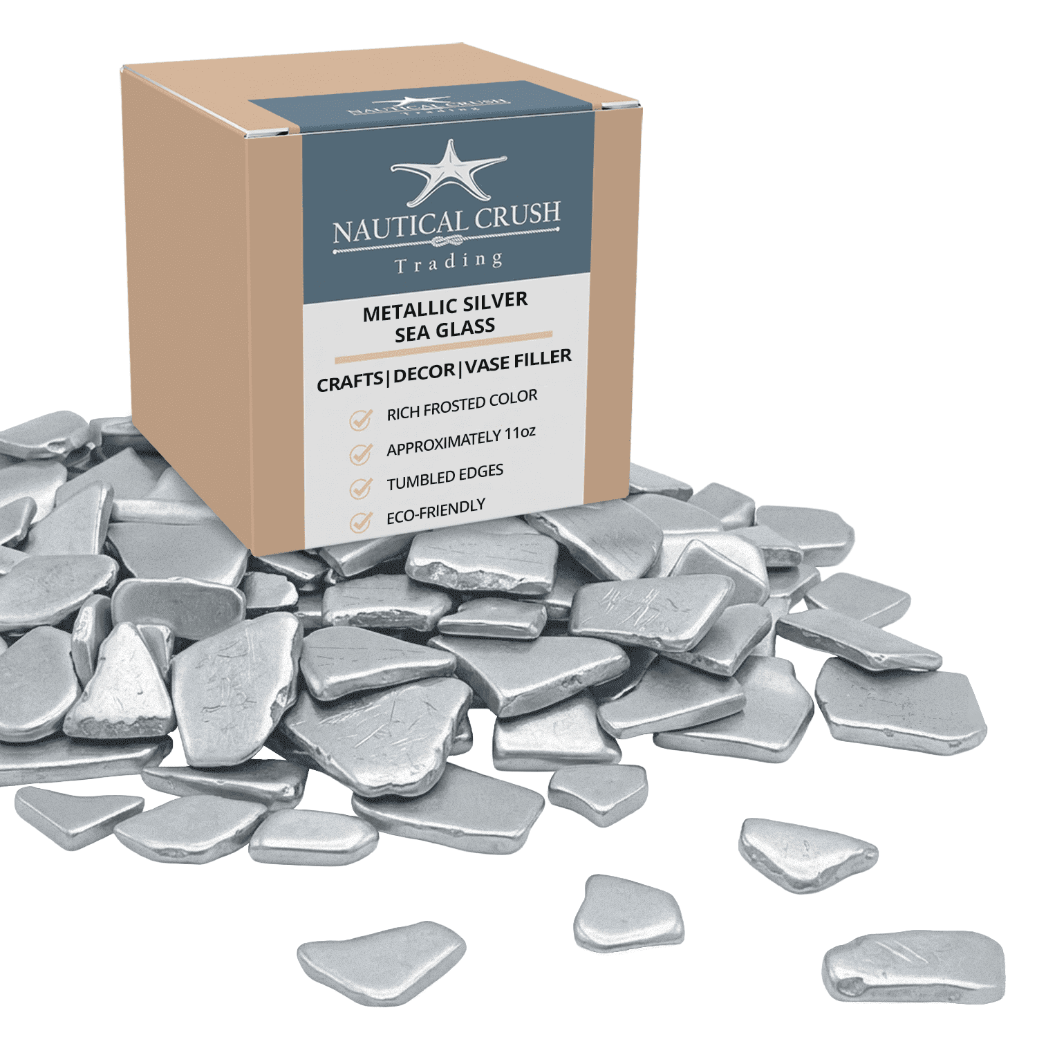 Nautical Crush Trading Sea Glass Craft - Beach Glass Craft - Metallic Silver - 11 Oz Sea Glass Décor - Sea Glass Vase Filler - Sea Glass Crafting - Bag of Sea Glass - Craft Glass - Vase Fillers Glass