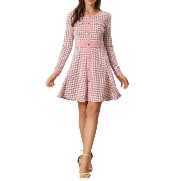 INSPIRE CHIC Vestido de mujer Cuadros de pata de gallo Cuello redondo Cierre frontal elegante Vestido A-Line XL Rosa