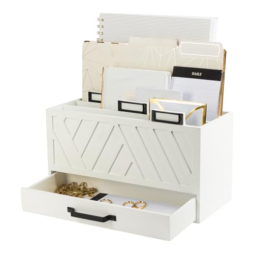 BLU MONACO Mail Organizer for Home - Bill Organizer for Desk - White Wooden Kitchen Mail Organizer Countertop Mail Organizer with Drawer - Mail Holder Countertop Mail Sorter - Mail Organizer for Desk