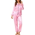 thumbnail image 5 of INSPIRE CHIC Women's Satin Lounge Set Long Sleeve Button Down Shirts with Pants Silky Pajamas XL Pink, 5 of 7