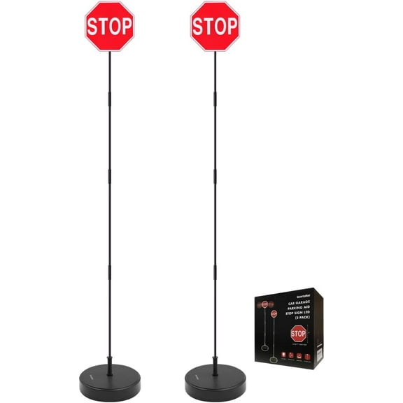 SECURITYMAN LED Stop Sign for Garage Parking Assist (2 Pack) - Stress Free - Large 7" Sign, Bright Red LEDs, Adjustable Height (Up to 54") - Garage Car Stop Indicator That Lights Up with Contact