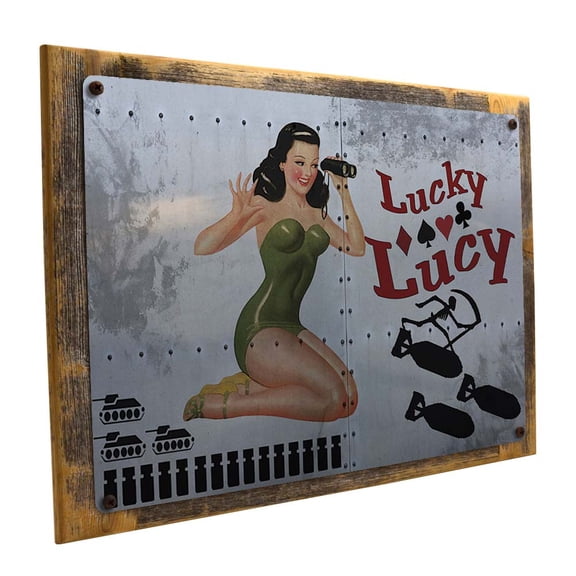 Framed, Outdoor Lucky Lucy Airplane Nose Art 9"x12" Metal Sign, Wall Decor for Mancave, Den, or Gameroom, Hand-Crafted from reclaimed materials